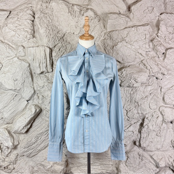 Ralph Lauren Blue Label Tops - Ralph Lauren Blue Label Ruffle Button Down Shirt Ocean Air Blue Stripe | 4
